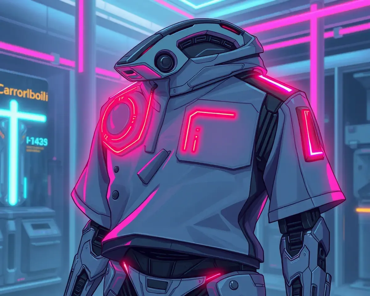 Cyborg Wearing Readymade Garment with Neon Sci-Fi Effect