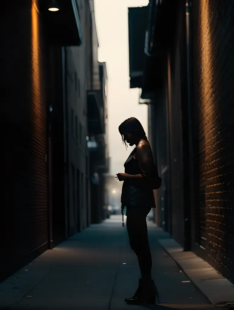 Dark Alley Smoking Girl's Mysterious Nighttime Scene
