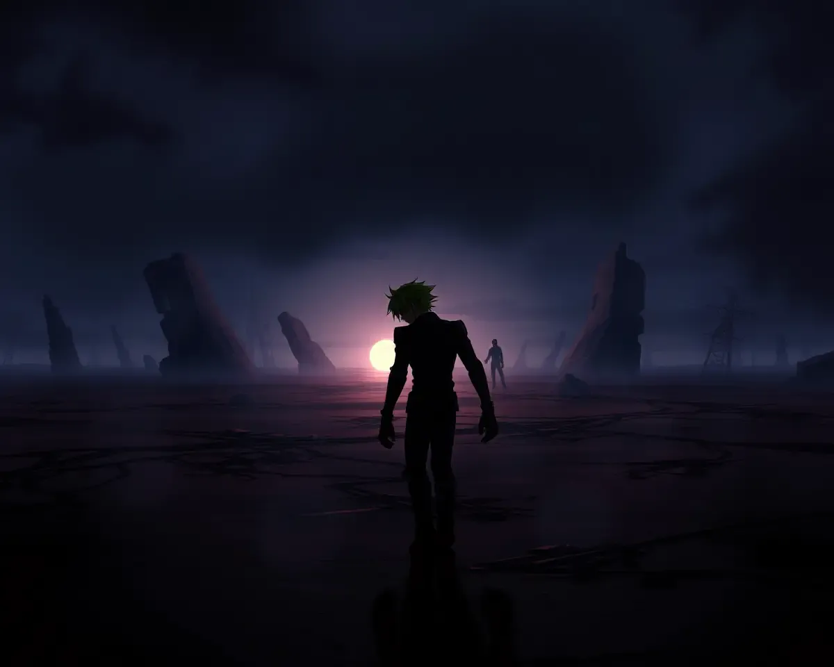 Dark Anime Fanart Wallpaper: Brooding Character in Wasteland