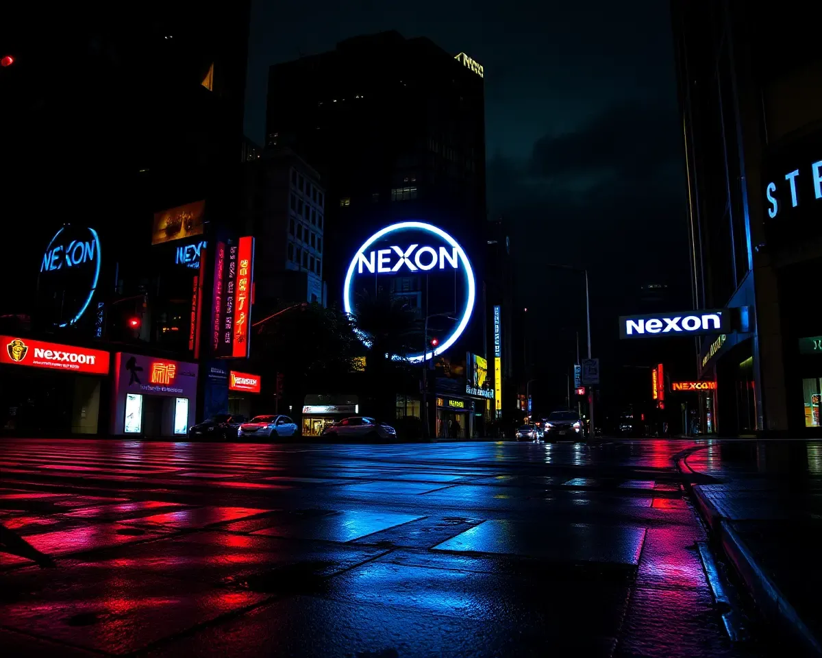 Dark Gritty Cityscape with Nexon Logo at Night