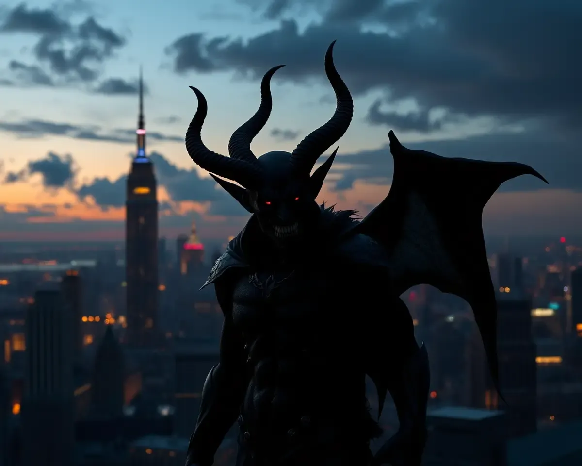 Dark Ominous Black Devil in Gritty Cityscape Wallpaper