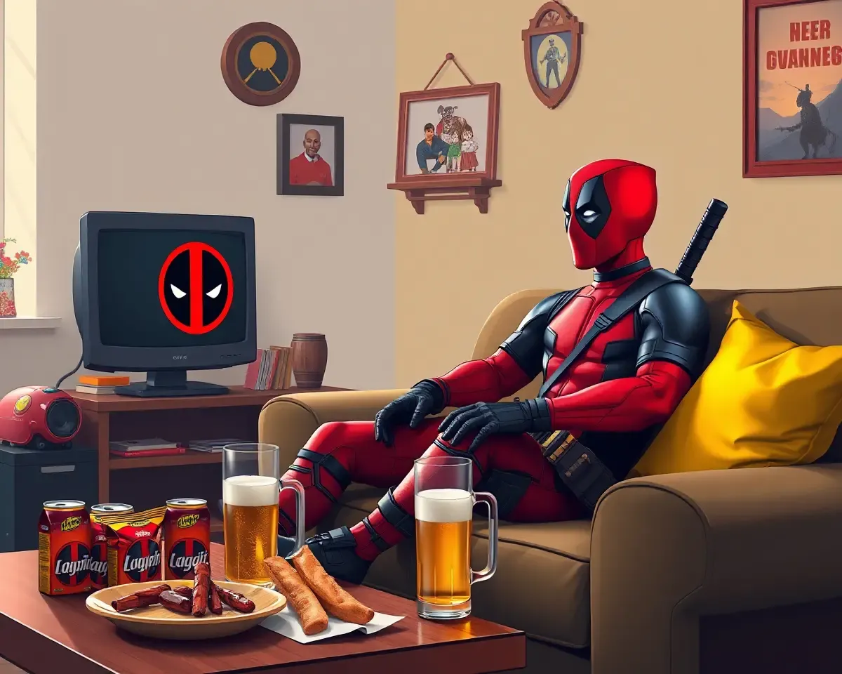 Deadpool 3D Wallpaper: Deadpool Watches TV with 3D Snacks and Beer