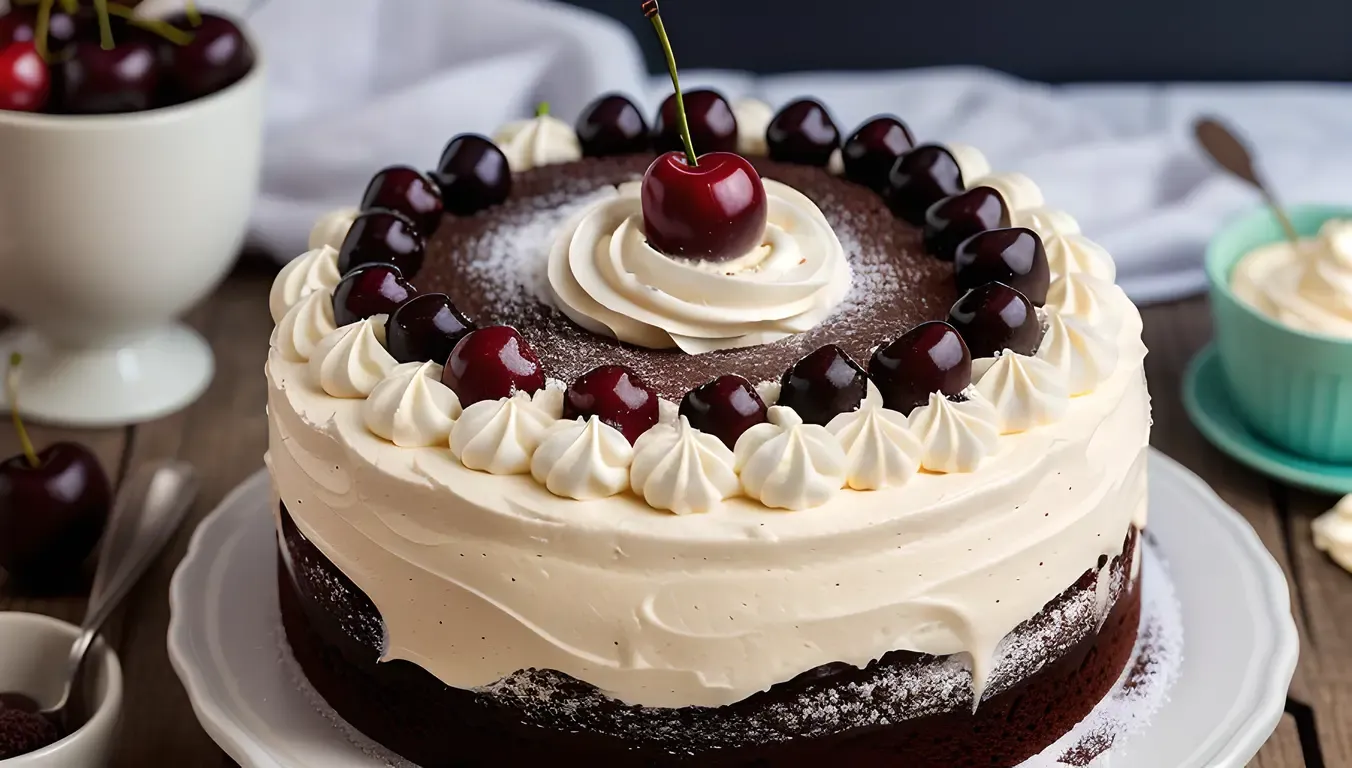 Decorated Black Forest Cake with Whipped Cream