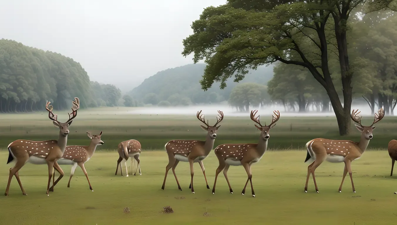 Deer in Forest with Antlers Visible in Foreground Against Misty Background