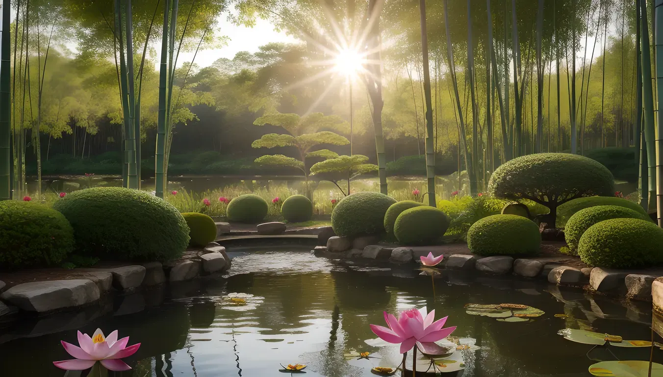 Delicate Lotus Flower Blooms in Serene Pond with Stone Carving Pictures