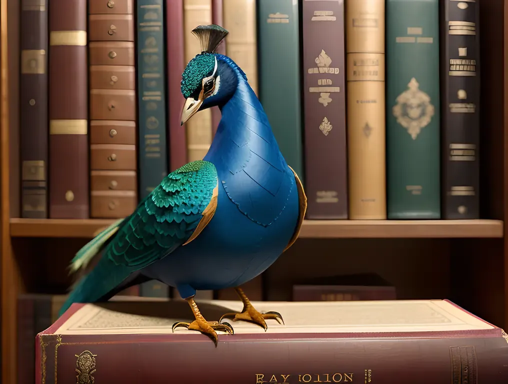 Delicate Paper Peacock on Vintage Bookshelf with Leather-Bound Tomes