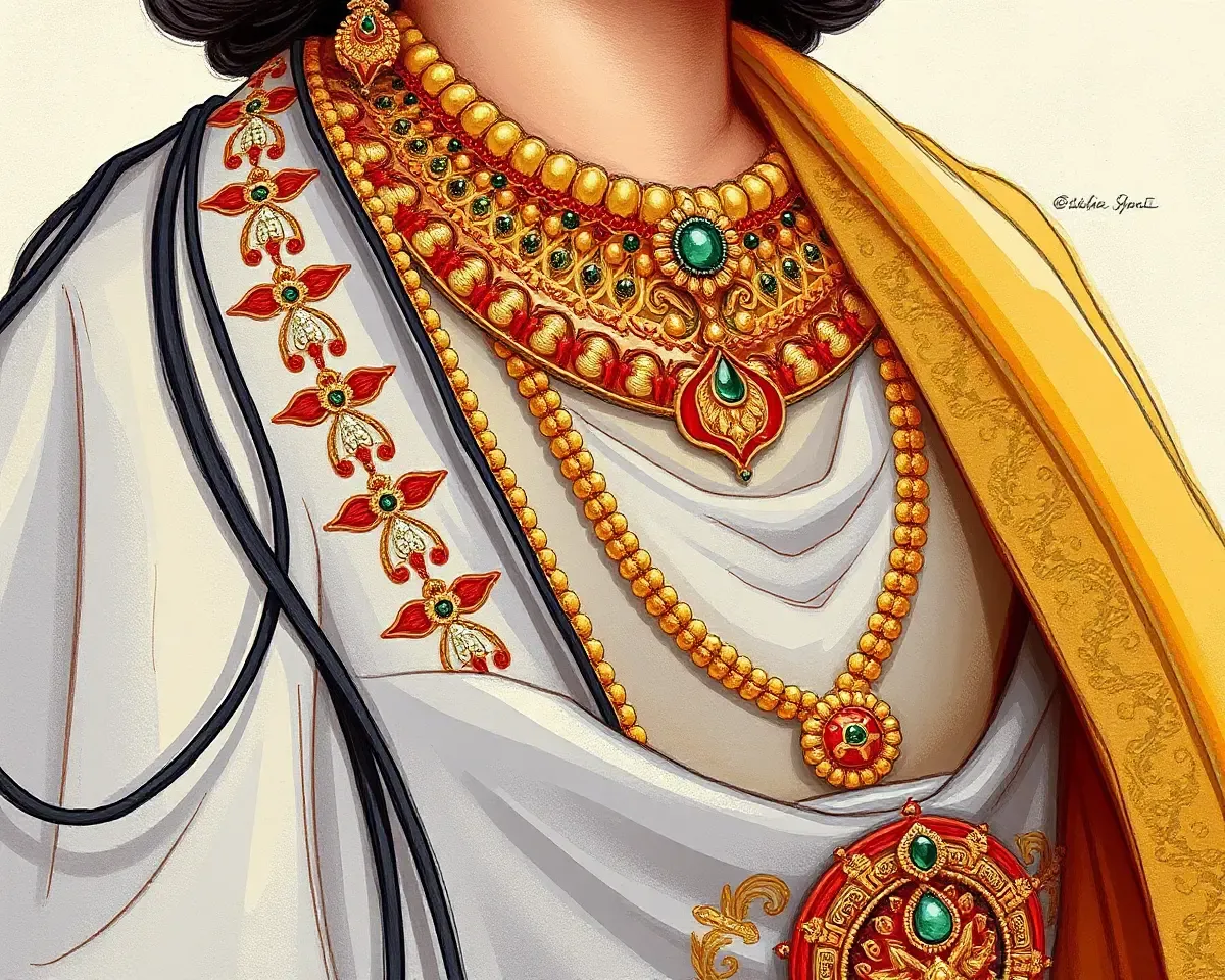 Detailed Illustration of Krishna's Embroidered and Beaded Dress
