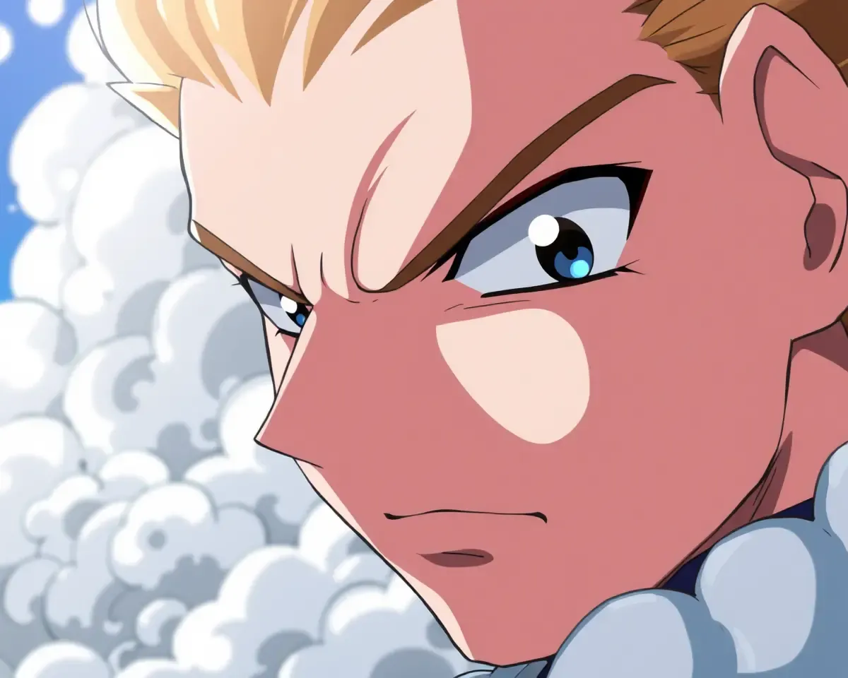 Determined Anime Face Against Swirling Clouds Background