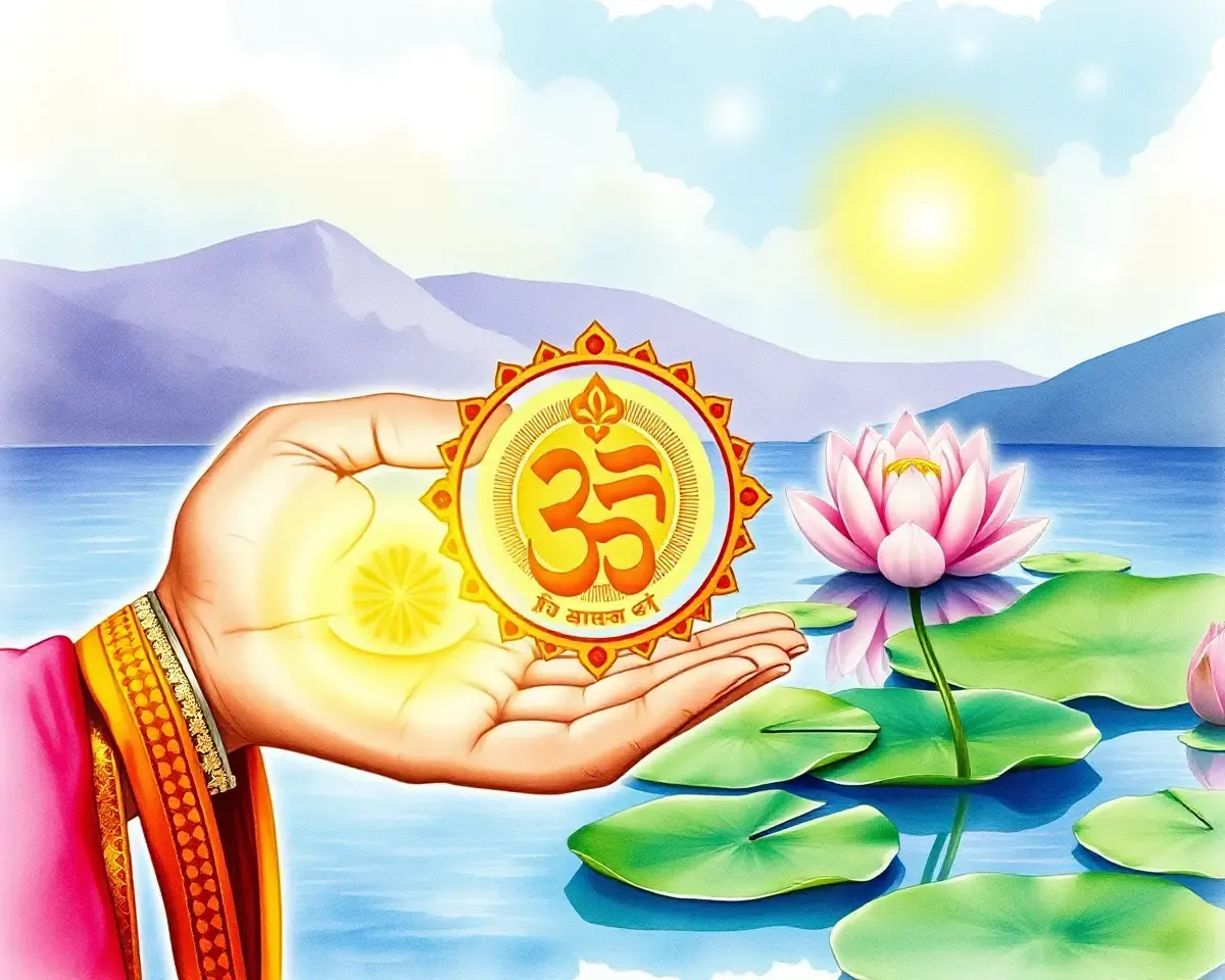 Devotee Holds Vastu Shanti Patrika with Serene Background