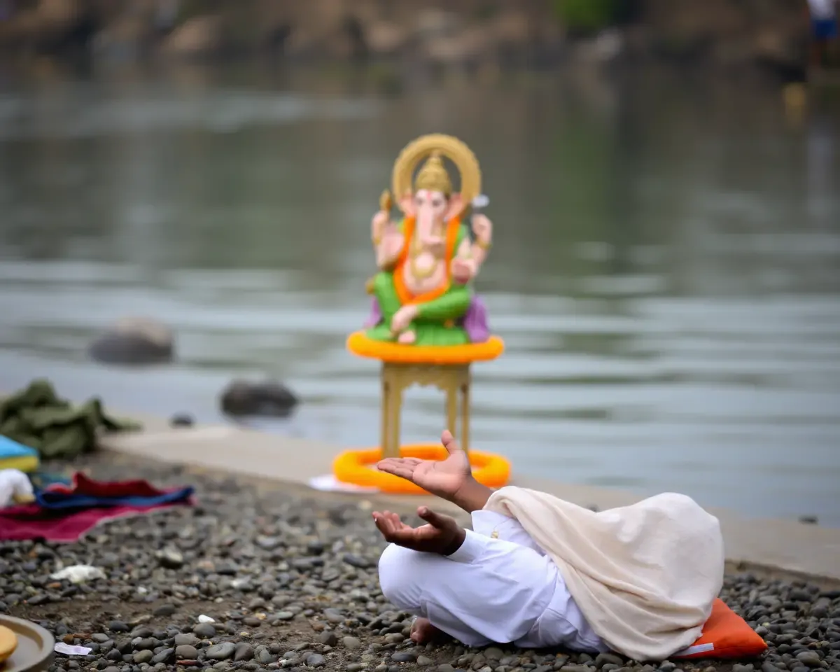 Devotee Meditates by River with Ganesh Idol in Background