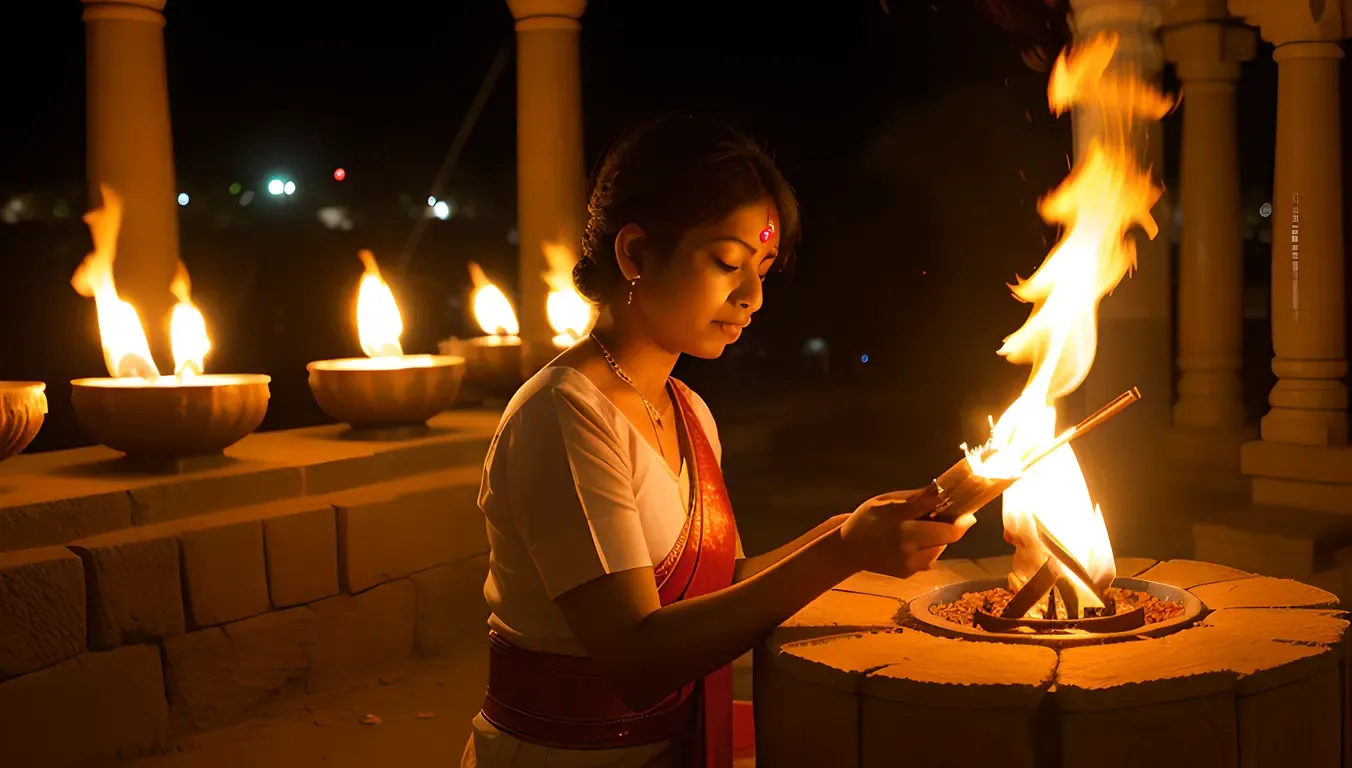 Devotee Performs Ritual at Ahobilam Temple with Sacred Flame