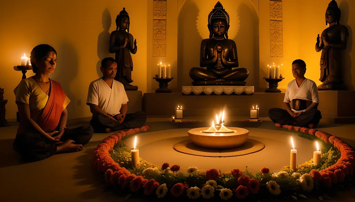 Devotees Meditating in Front of Gommateshwara Statue