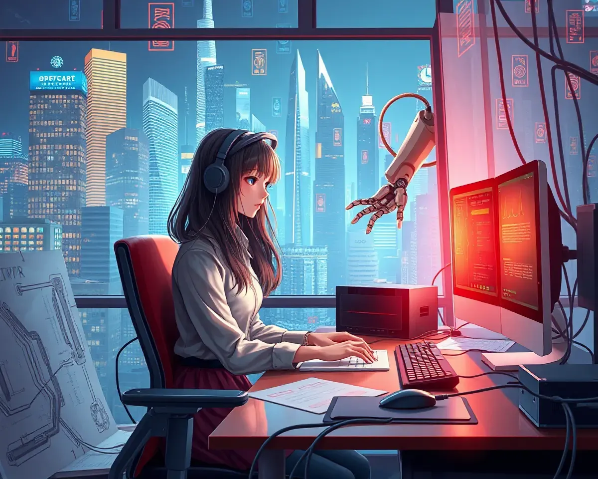 Digital Art Girl at Computer Desk with Digital City
