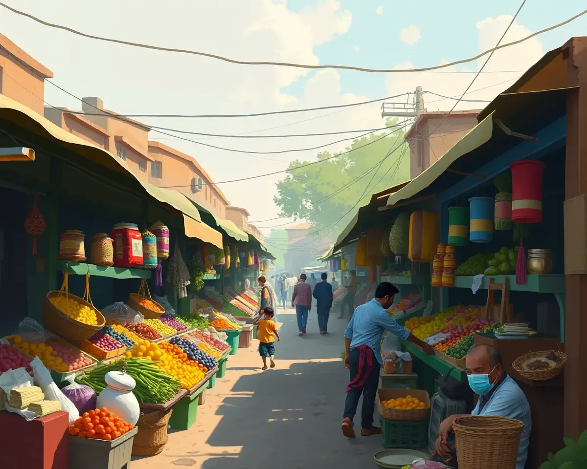 Digital Painting of Pital Bartan Marketplace with Local Delicacies PNG