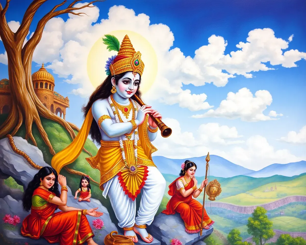 Divine Krishna Form with Flute and Devotees