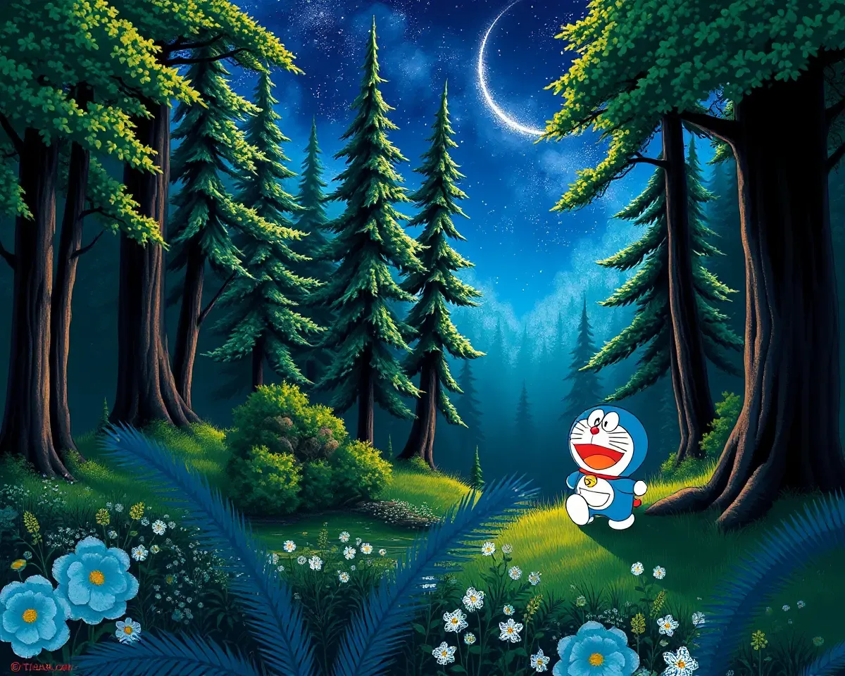 Doraemon Stands at Edge of Magical Forest Lake