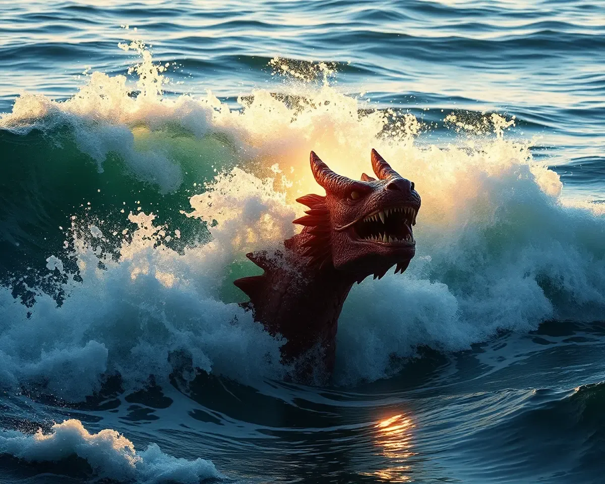 Dragon Emerges from Ocean Depths with Fiery Head and Sea Spray