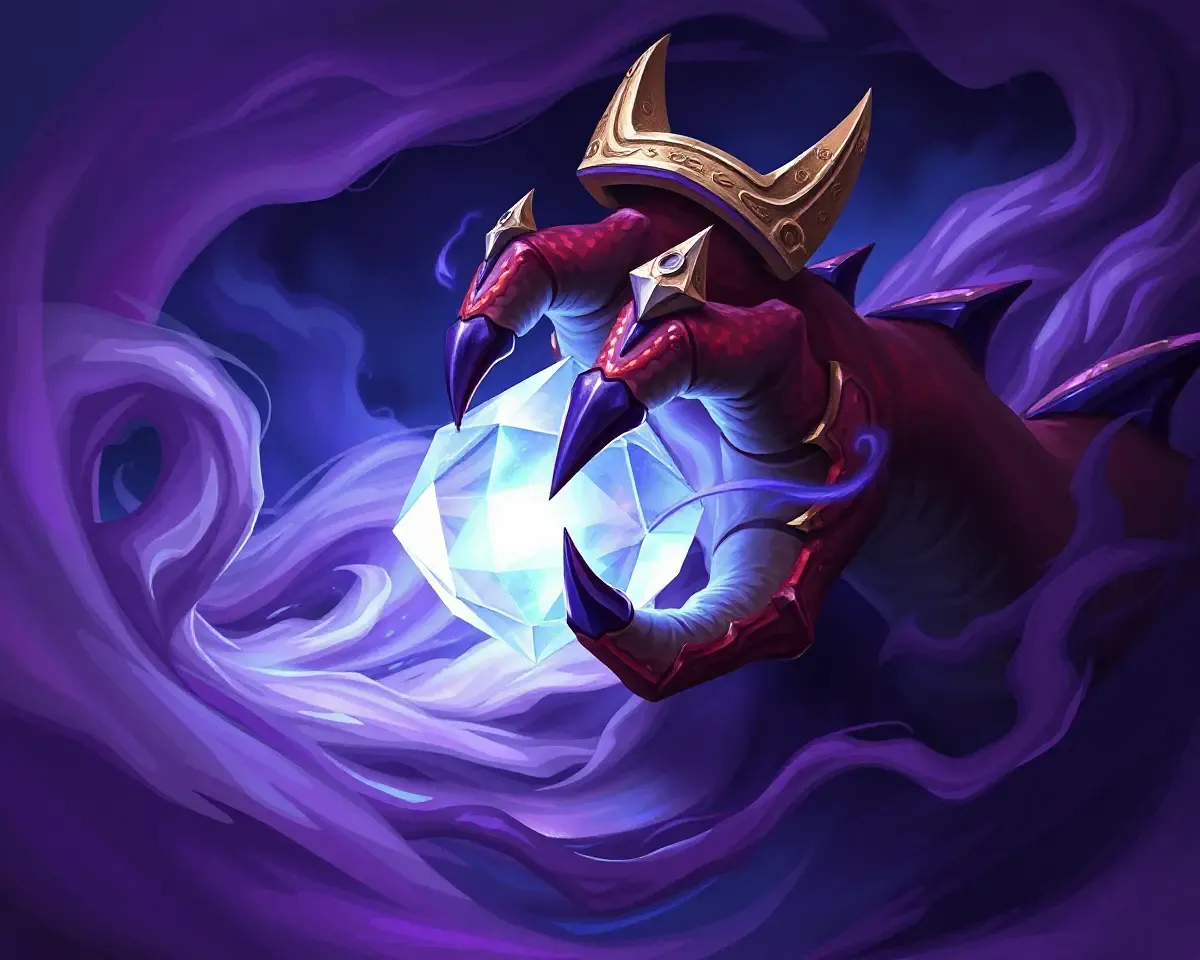 Dragon Grasps Glowing Crystal Amidst Purple and Blue Mist