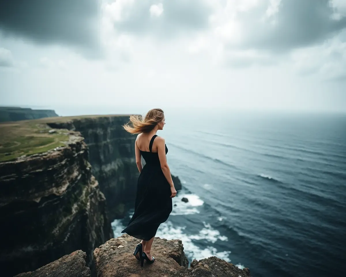 Dramatic Advocate Dress on Cliff Overlooking Ocean