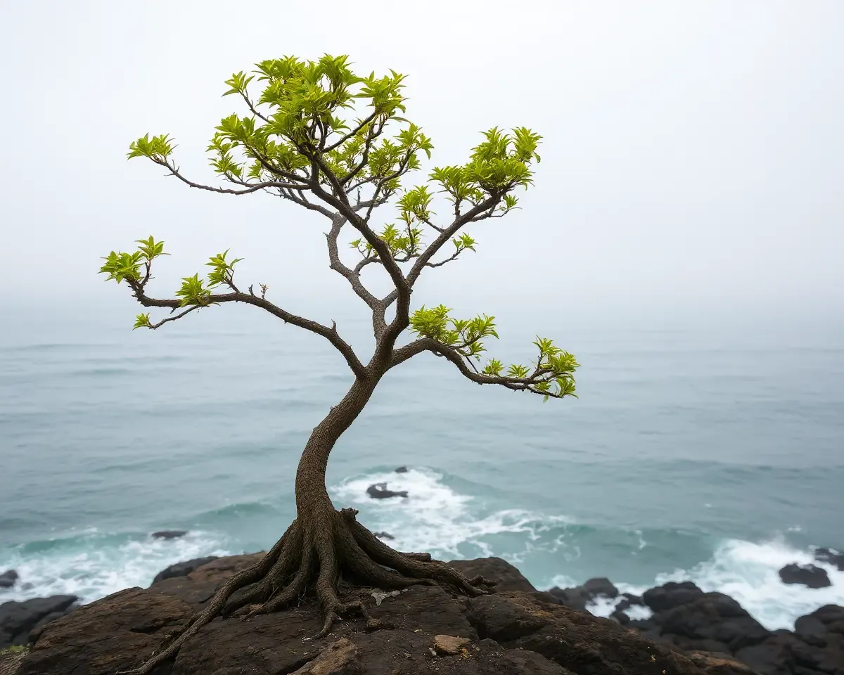 Dramatic Bhoringani Tree on Rocky Ocean Cliff