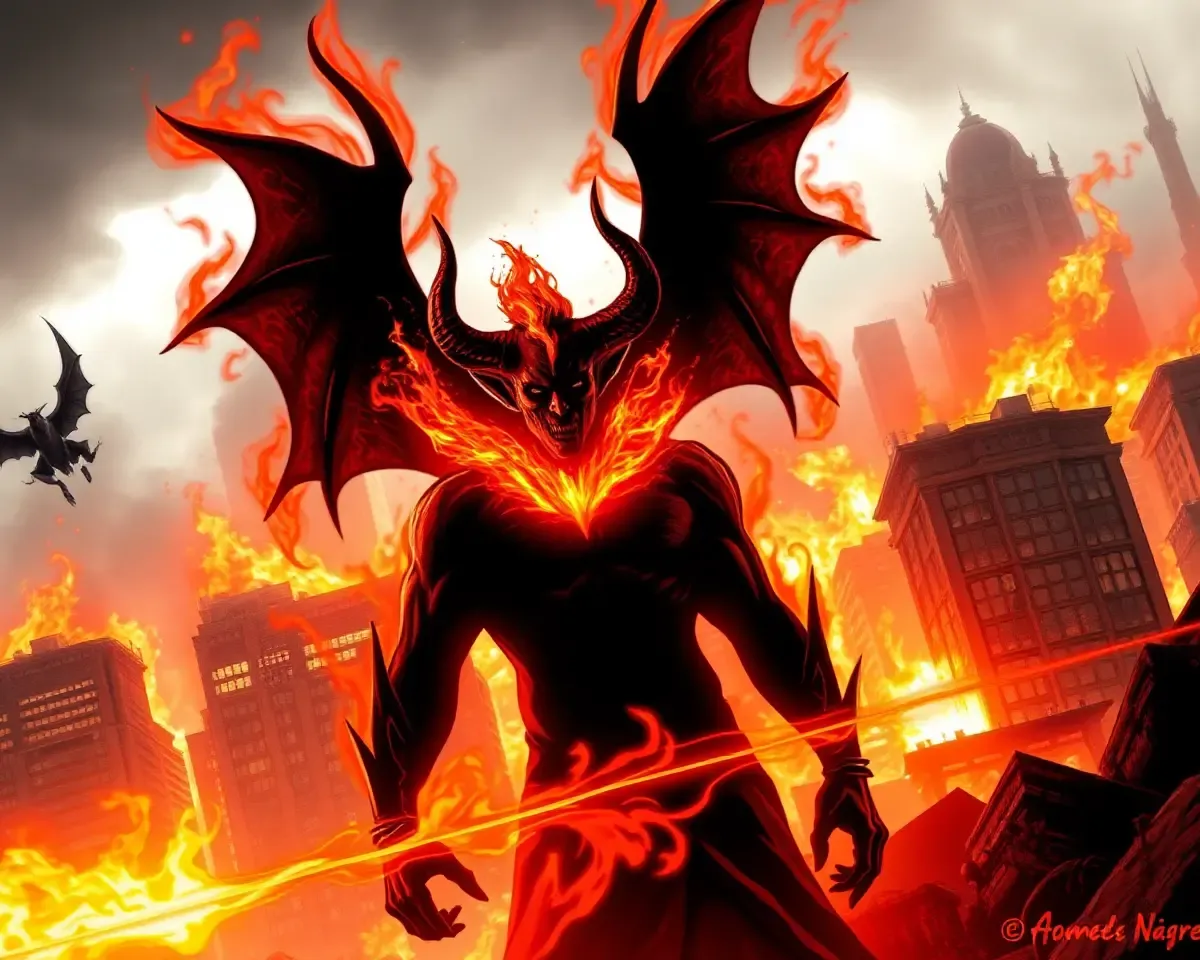 Dramatic Black Devil in Burning City with Apocalyptic Scene Wallpaper