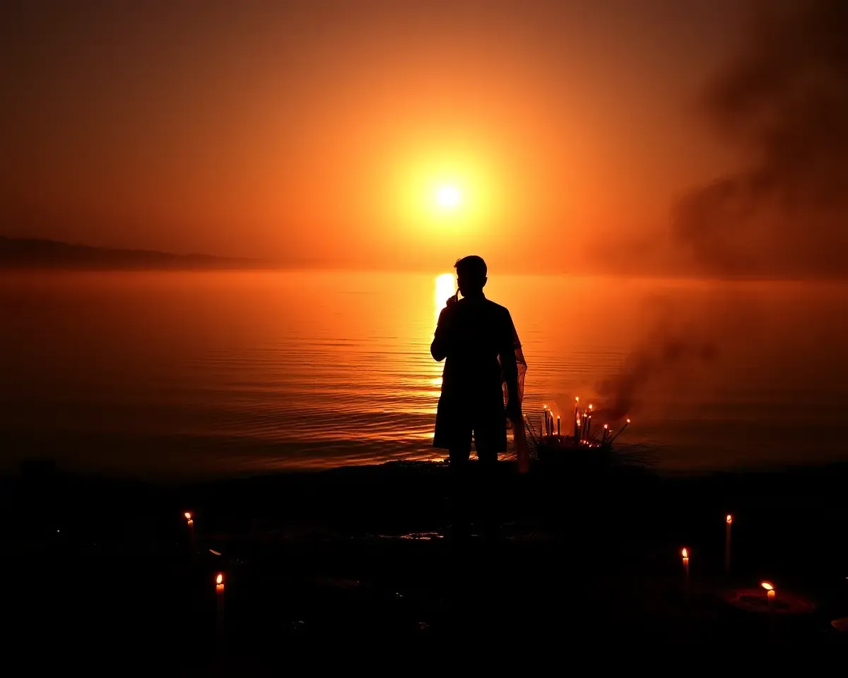 Dramatic Chhath Puja Ritual on Riverbank at Sunset