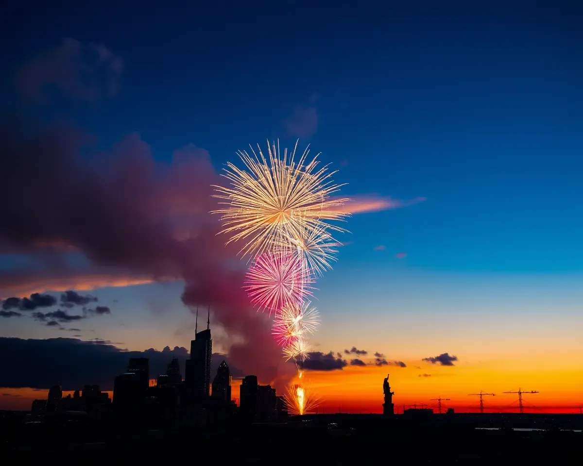 Dramatic Cityscape on 15 August with Fireworks and Landmarks