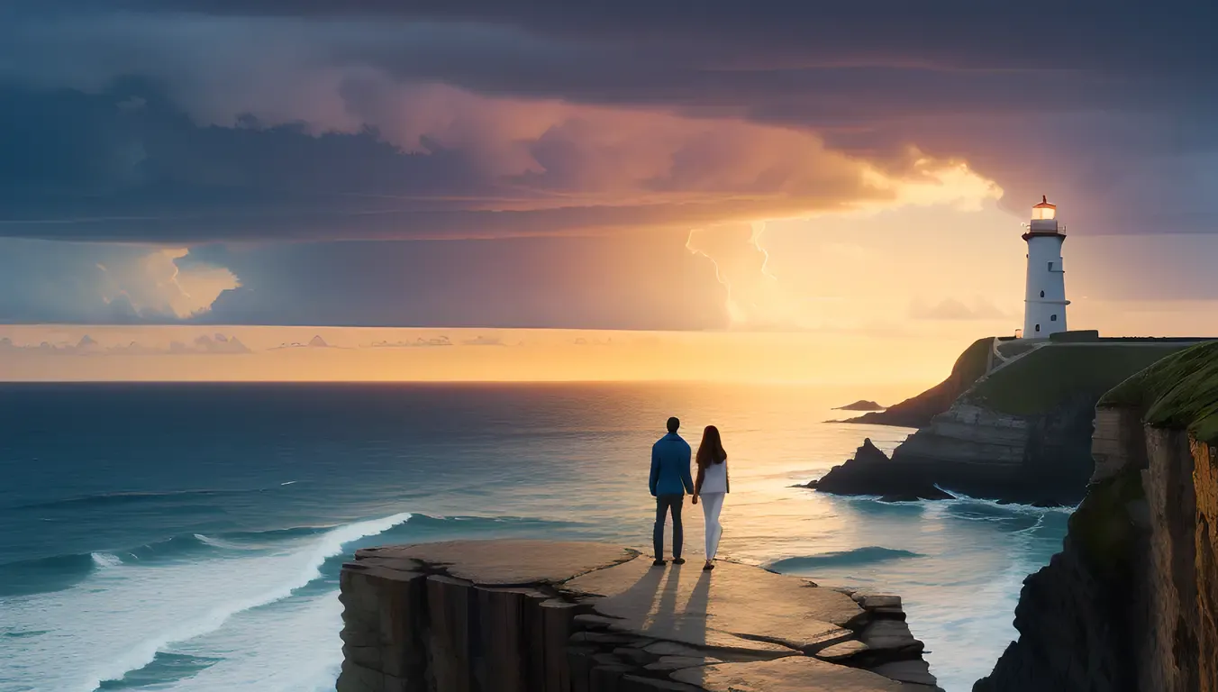 Dramatic Cliff Scene with Girl and Boy's Emotional Moment