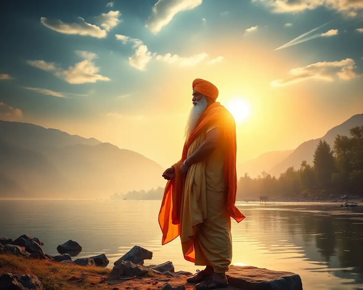 Dramatic Depiction of Guru Nanak Dev Ji by River Beas PNG Image