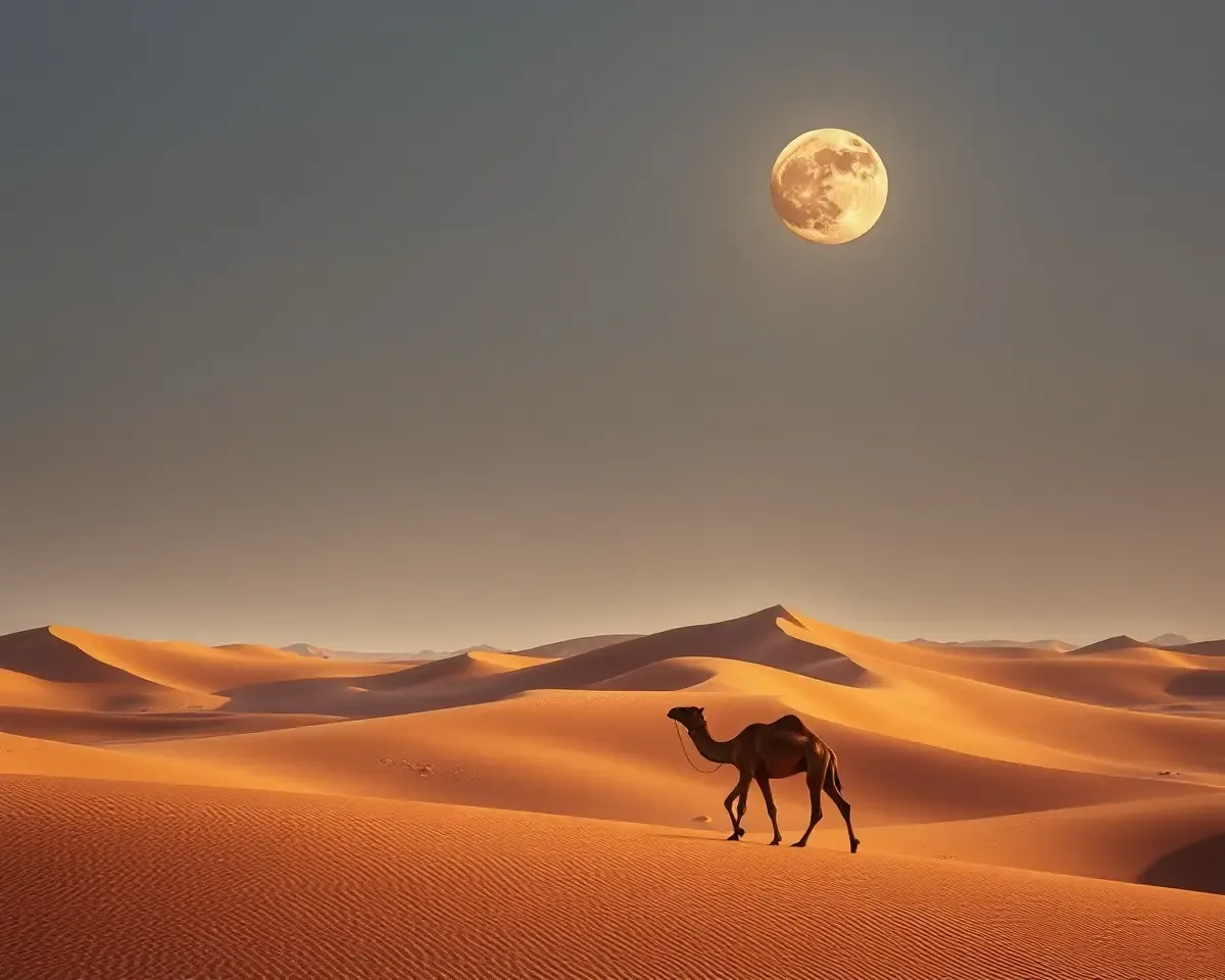 Dramatic Desert Landscape with Sand Dunes and Full Moon Background