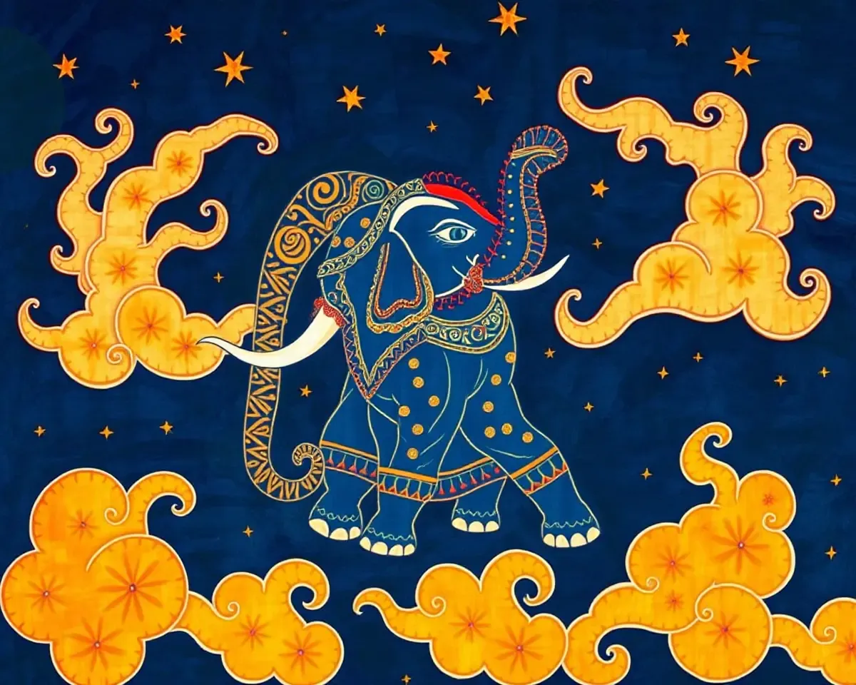Dramatic Elephant Madhubani Art Wallpaper with Midnight Blue