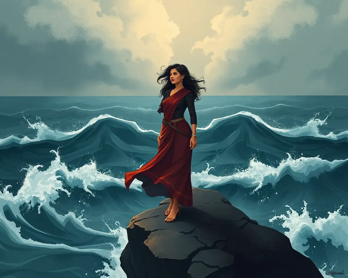 Dramatic Illustration of Bhavi Amadar on Windswept Cliff