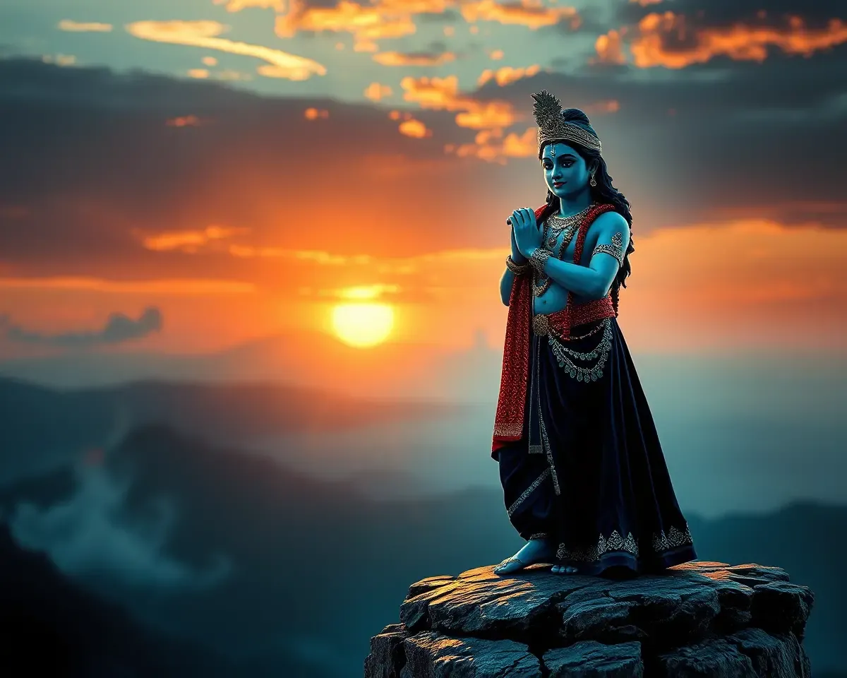 Dramatic Krishna in Dark Blue Dress with Silver Accents and Sunset