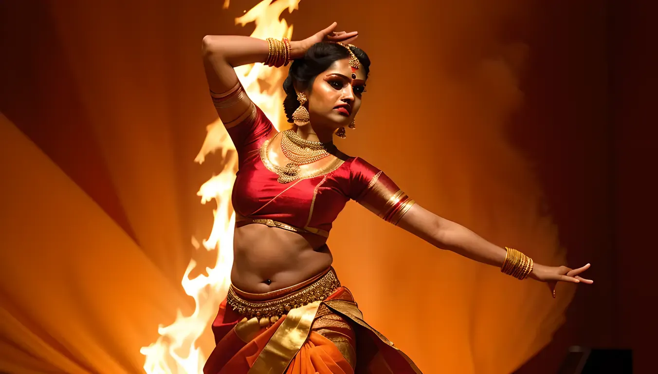 Dramatic Mohiniyattam Dance with Fiery Red Backdrop