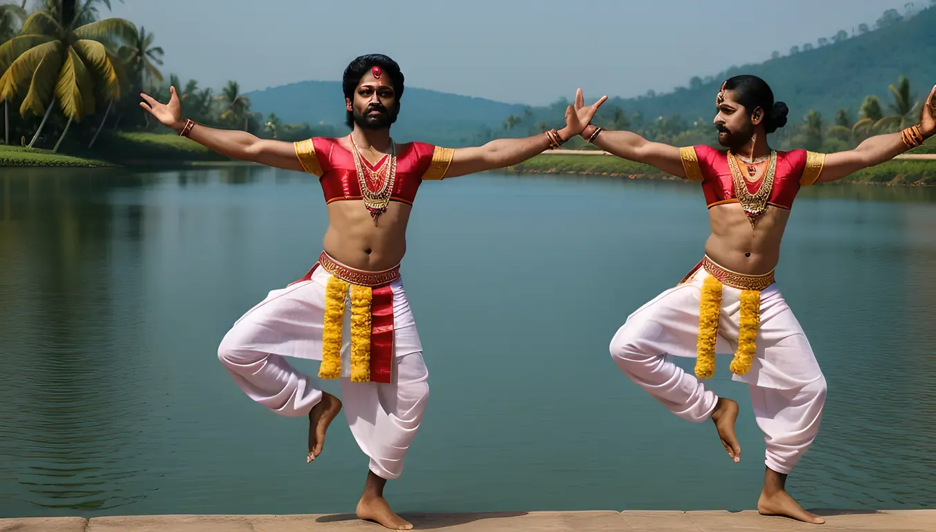 Dramatic Mohiniyattam Pose with Kerala Lake Background