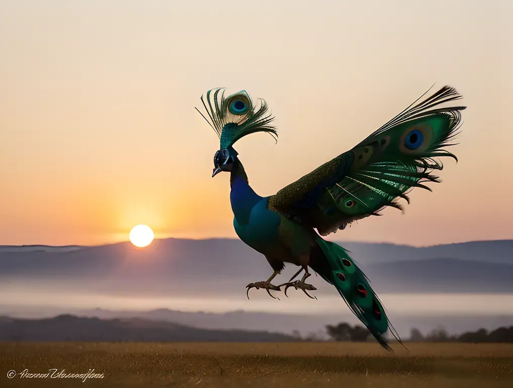 Dramatic Paper Peacock in Mid-Flight with Sunset Orange Glow