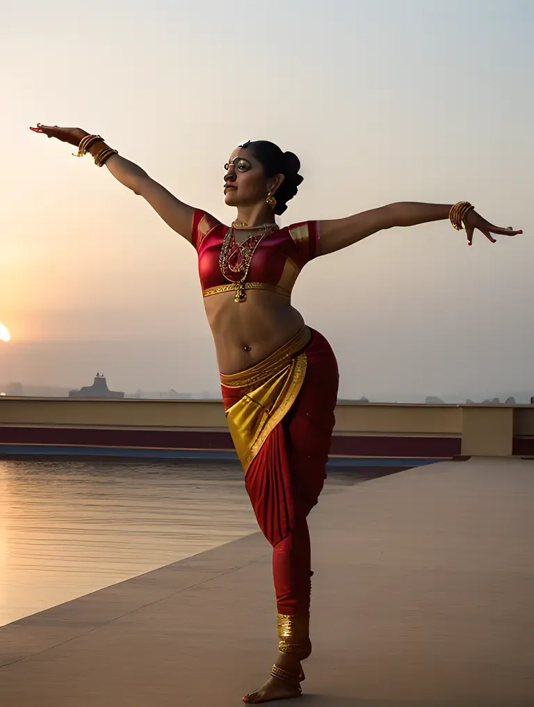 Dramatic Pose of Bharatanatyam Dancer with Sunset Backdrop