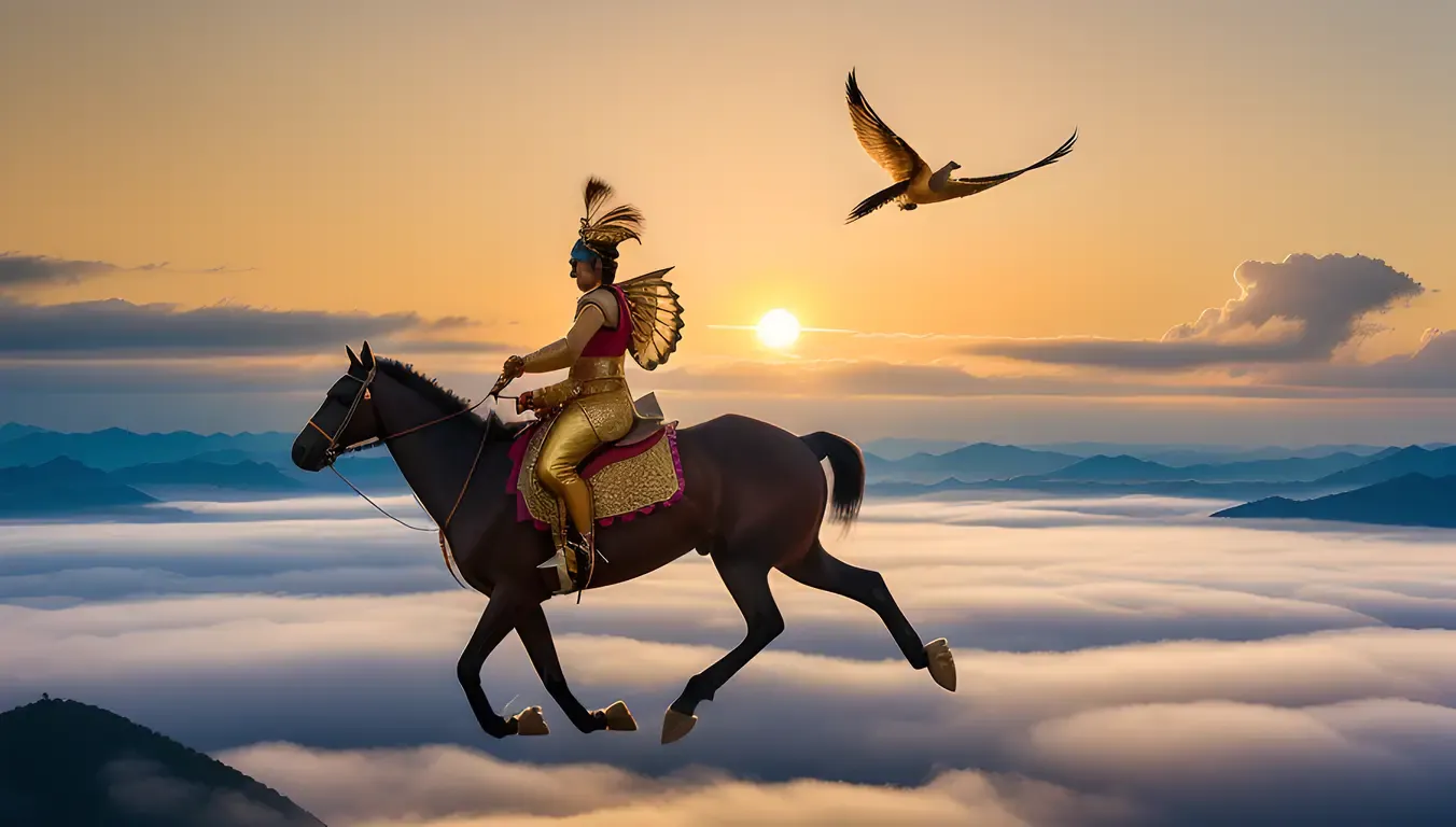 Dramatic Satyabhama Riding Majestic Peacock Above Clouds.