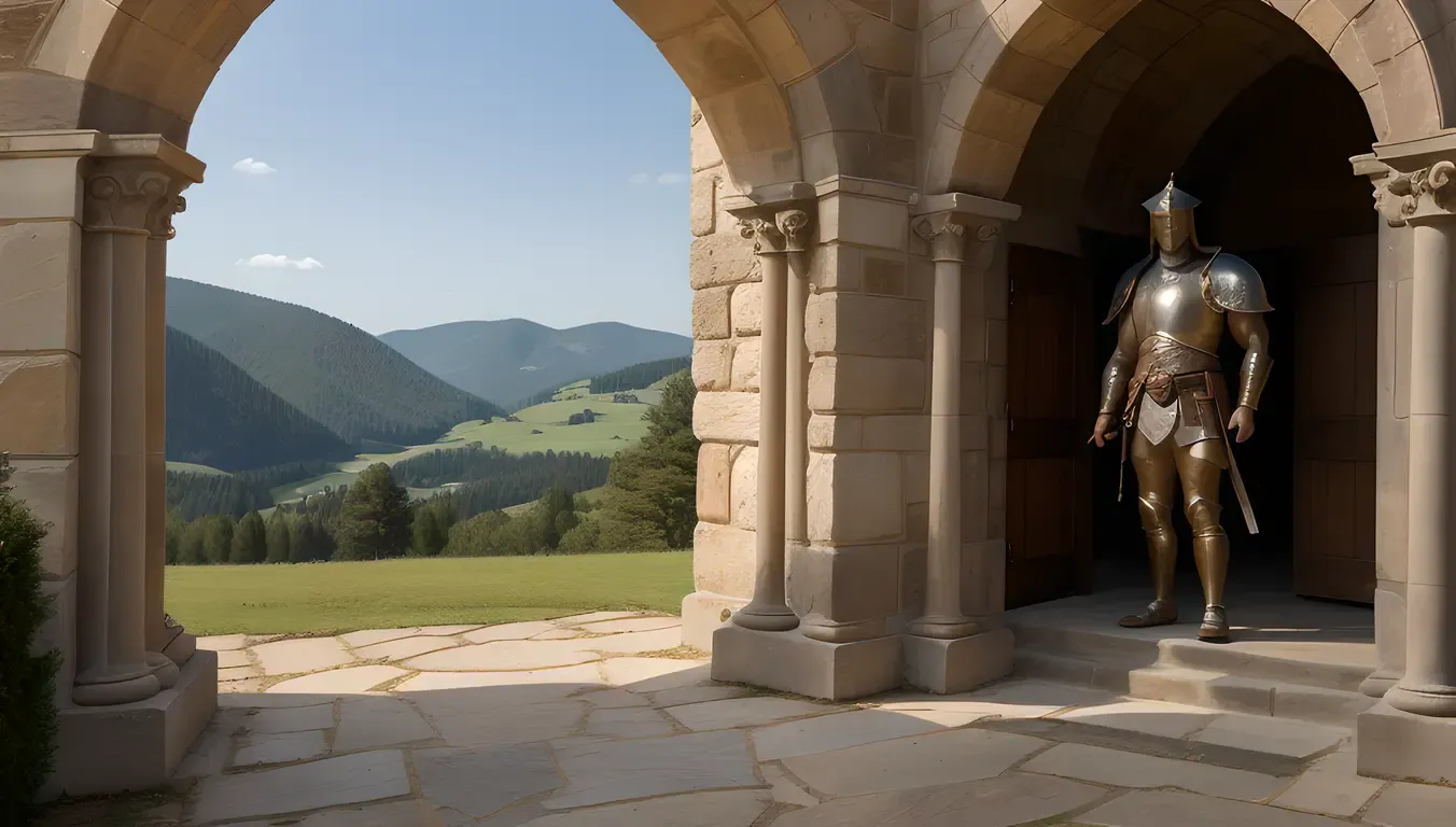 Dramatic Warrior Guards Medieval Castle Entrance with Stone Carving Pictures