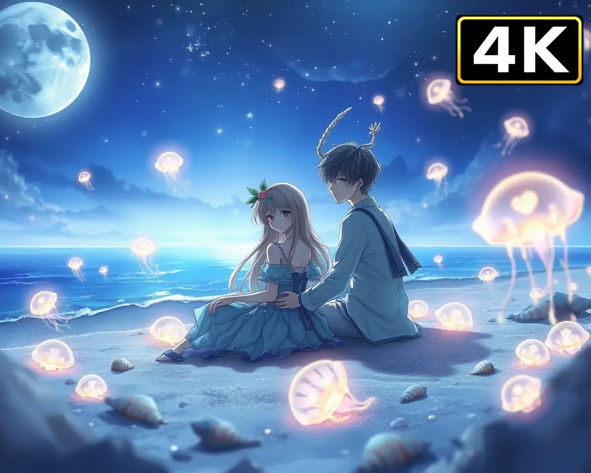 Dreamy Moonlit Beach Anime Couple 4K Fantasy