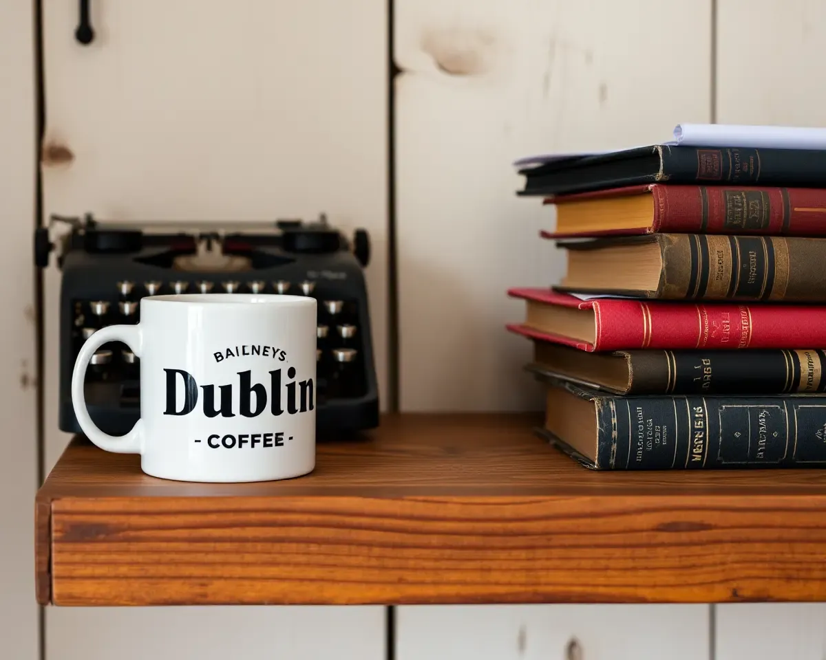Dublin Coffee Mug on Rustic Shelf with Vintage Typewriter
