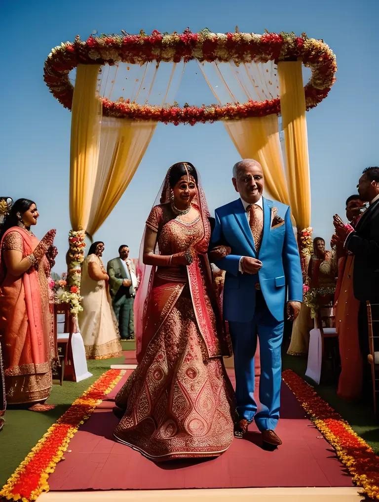 Dulhan Walking Down Aisle with Father and Mandap