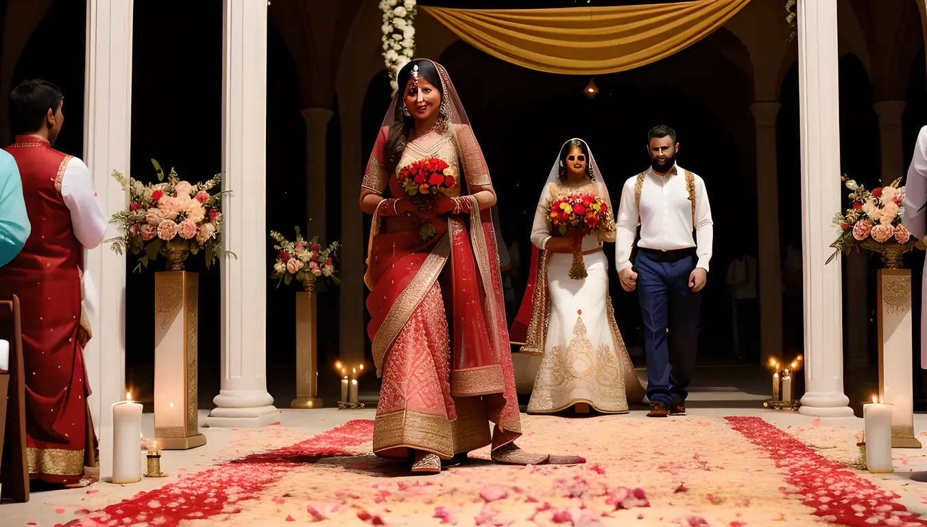 Dulhan Walks Down Aisle with Flower Petals and Candles