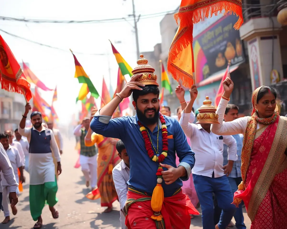 Dynamic Chhath Puja Procession with Colorful Flags and Music
