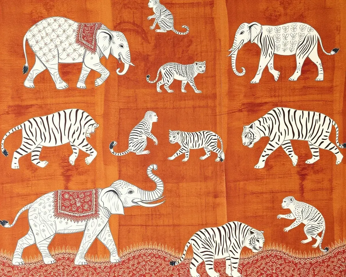 Eclectic Animal Madhubani Art Wallpaper with Earthy Tone