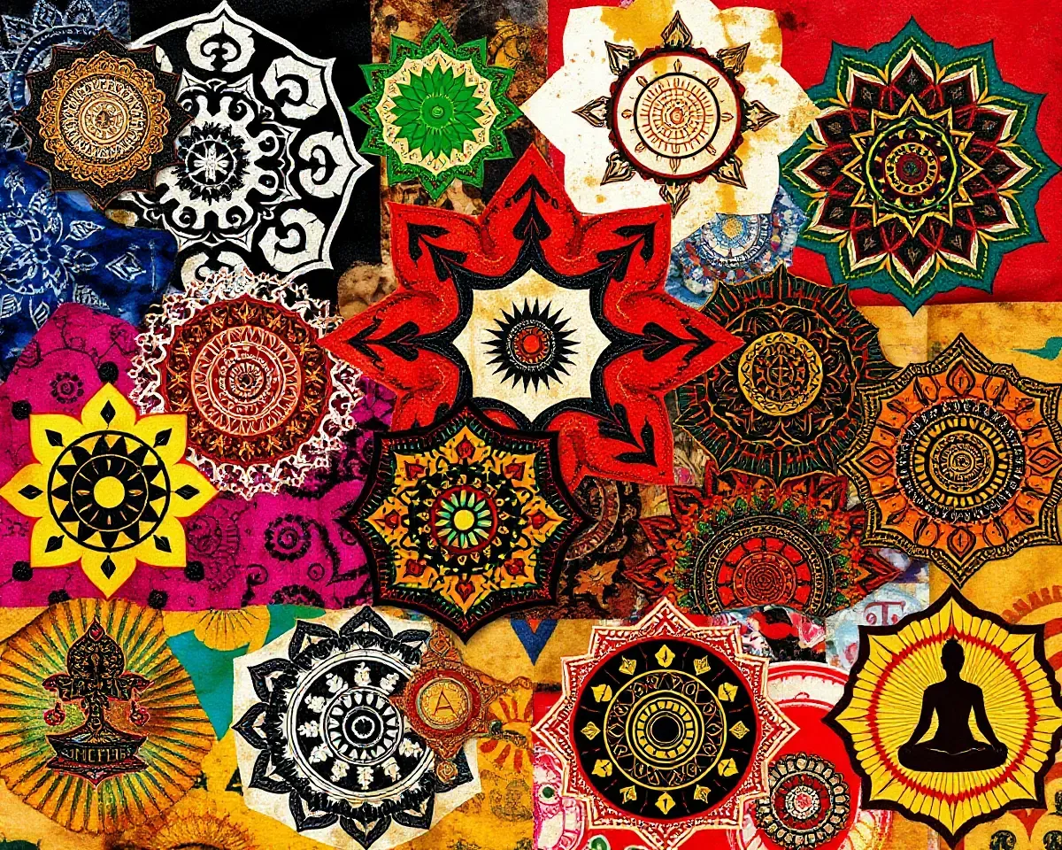 Eclectic Shanku Chakra Collage with Various Textures and Styles