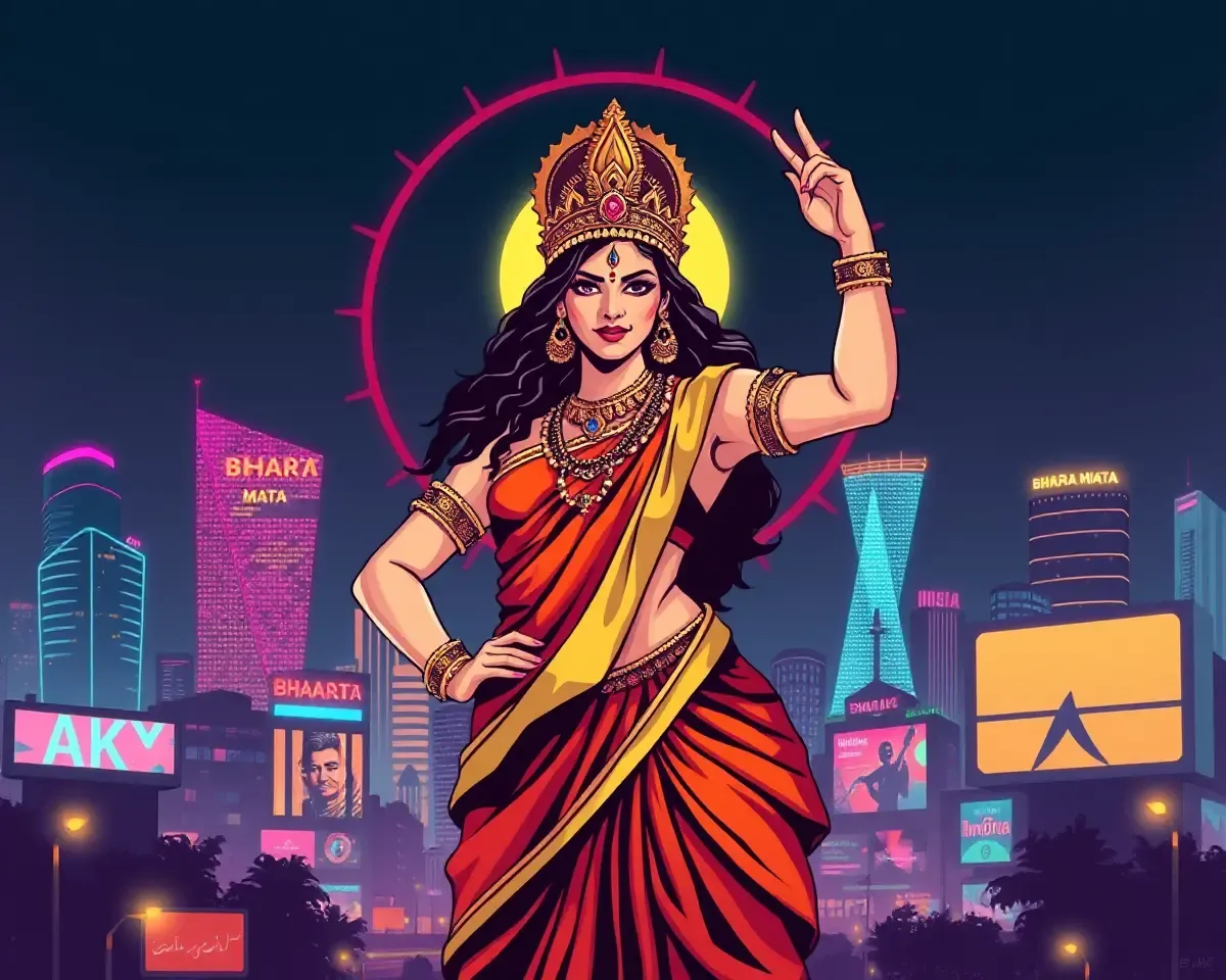 Edgy Bharat Mata with Cityscape Illustration