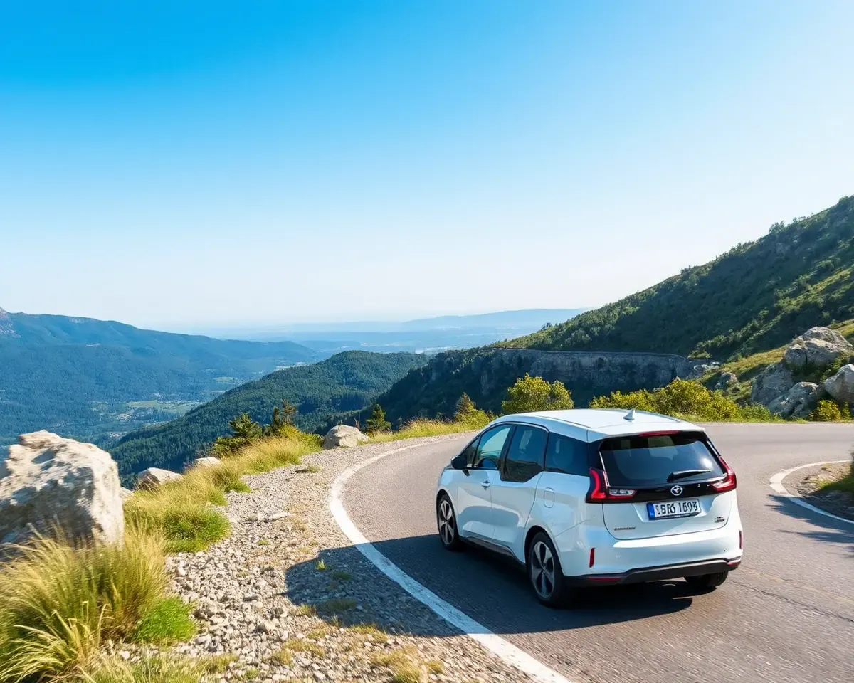 Eeco Car Driving on Mountain Road with Valley View PNG