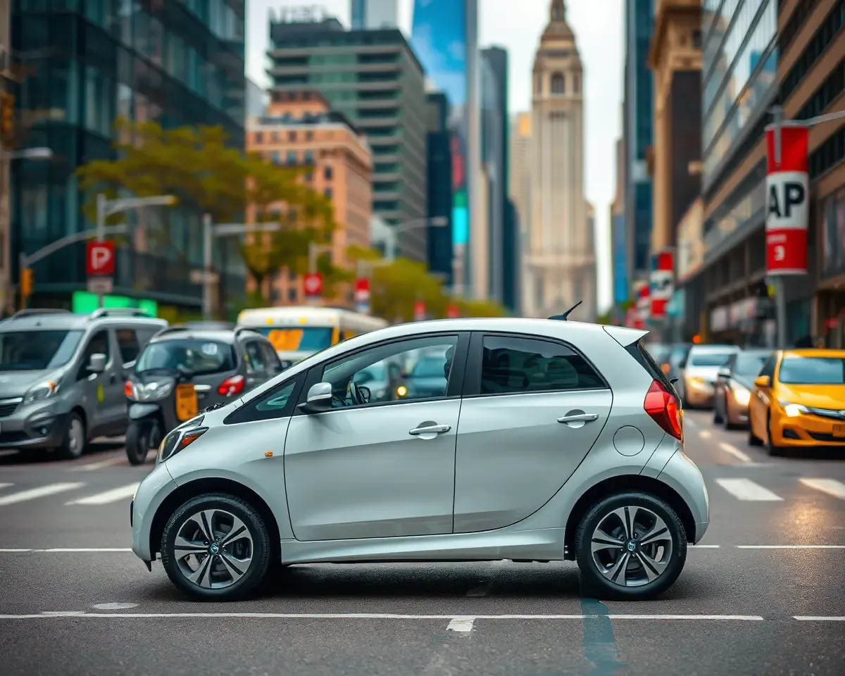 Eeco Car in City Street with Blurred Skyscrapers PNG