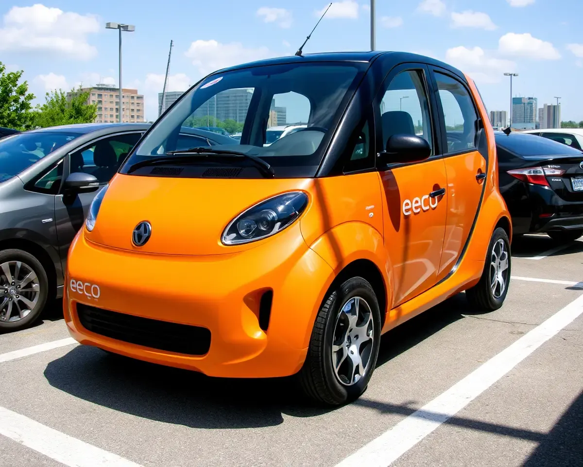 Eeco Car in Parking Lot with Cityscape Background PNG